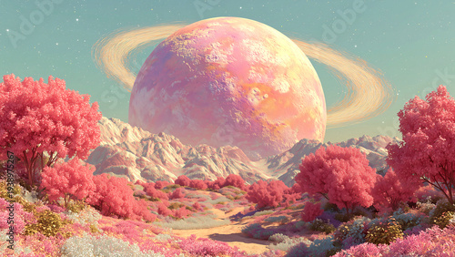 桜色の幻想的な風景の中に浮かぶ環を持つピンク色の惑星