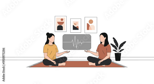 An illustration of two women sitting on a rug in a decorated room, holding a screen between them that displays a digital waveform, suggesting communication or therapy.