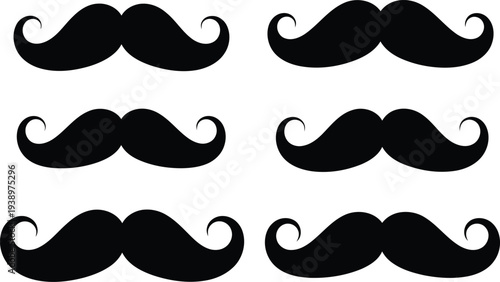 A set of six black handlebar mustaches on a white background