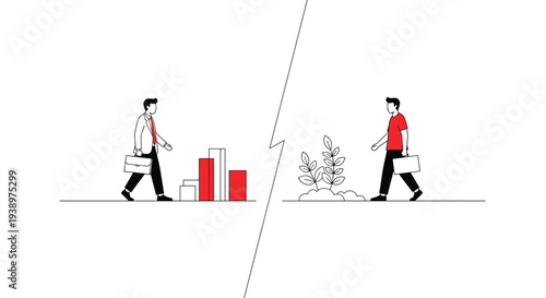A conceptual illustration contrasting a businessman walking past a financial bar graph with another man walking towards a growing plant, separated by a jagged line on a white background.