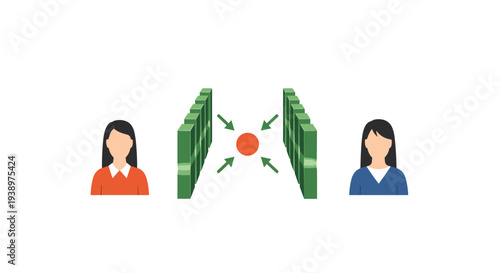 A conceptual illustration depicting two women on opposite sides of two rows of green blocks, with a red sphere being compressed between them against a white background.
