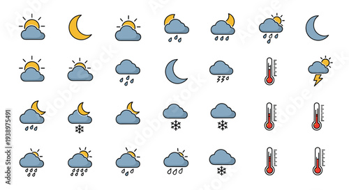 Detailed collection of weather forecast icons representing sun clouds rain snow moon and temperature for meteorological reporting and apps.