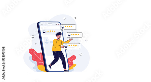 Customer review concept showing a man emerging from a smartphone screen surrounded by five star rating bubbles for feedback and reputation.