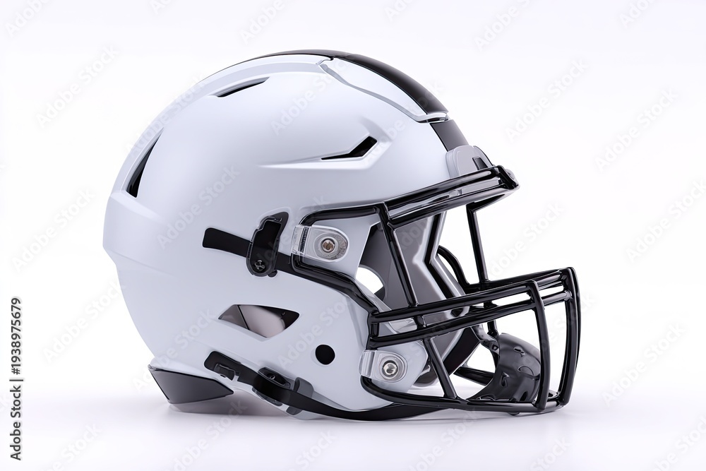 Fototapeta premium White football helmet with black accents on a clean, white background