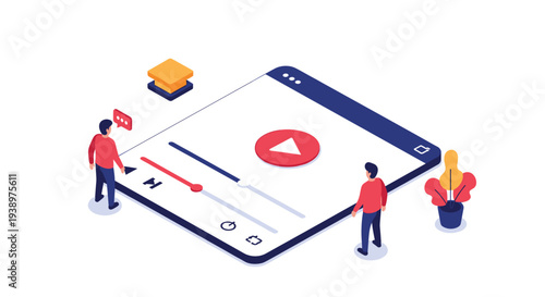 Isometric video content consumption concept showing people watching a movie or tutorial on a large digital browser window.