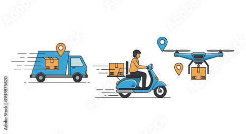 Logistics and delivery service options showing a truck scooter and drone delivering packages with location pins to customers.