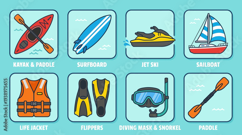 Water sports vector illustration set including kayak, surfboard, jet ski, diving mask, flippers, life jacket, paddle, and sailboat in flat minimal aquatic design style