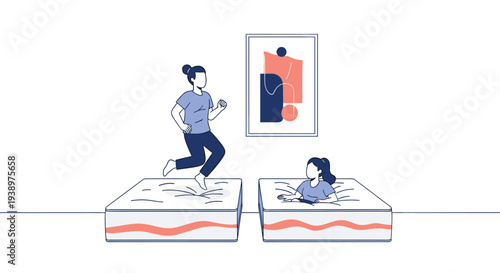 A woman joyfully jumps on a mattress while her friend rests on an adjacent one in a minimalist room with abstract art.
