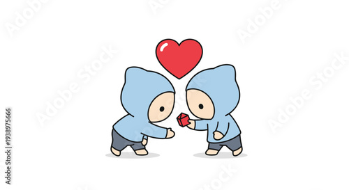 Two cute cartoon characters in matching light blue hoodies exchange a small red gift box under a floating red heart on a white background.