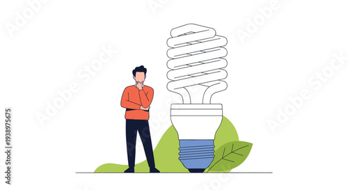 Thinking man stands beside a giant energy-saving spiral light bulb to represent innovative ideas, ecology, and sustainable technology solutions.