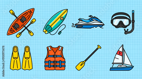 Water sports vector illustration set including kayak, surfboard, jet ski, diving mask, flippers, life jacket, paddle, and sailboat in flat minimal aquatic design style