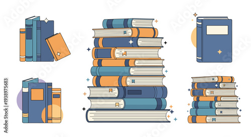 Collection of colorful books is arranged in various stacks and positions to symbolize knowledge, education, library resources, and learning.