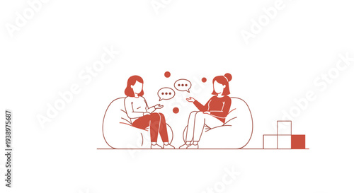 Two women sit in comfortable beanbag chairs and have a discussion, illustrated in a minimalist red monochrome line art style.