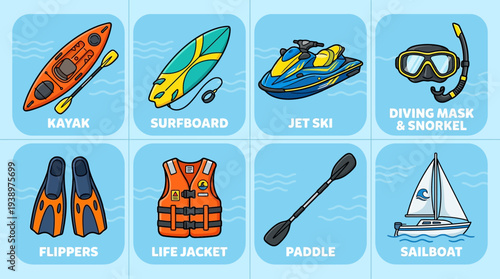 Water sports vector illustration set including kayak, surfboard, jet ski, diving mask, flippers, life jacket, paddle, and sailboat in flat minimal aquatic design style