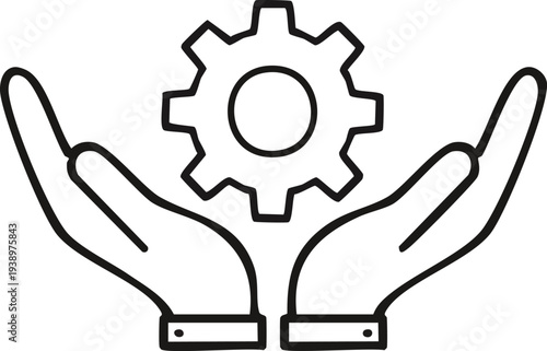 minimal line icon of hands holding gear, technical support or service concept