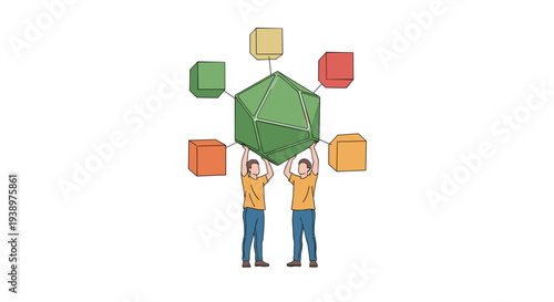 Two illustrated men in yellow shirts and blue jeans work together to hold up a large green icosahedron connected to smaller colorful cubes against an isolated white background.