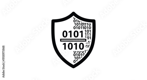 Protective shield icon contains binary code patterns to represent cybersecurity, data protection, digital privacy, and information safety.