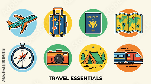 Travel vector illustration set featuring airplane, suitcase, passport, map, compass, camera, tent, and train in flat minimal tourism and adventure design style