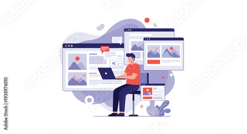 Creative professional sits at a desk using a laptop with multiple floating application windows and data charts to show a busy workflow.