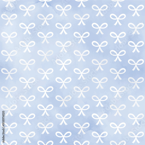 Seamless white bow pattern on watercolor blue background