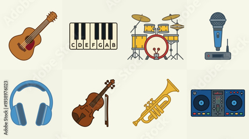 Music vector illustration set featuring guitar, piano, drum set, microphone, headphones, violin, trumpet, and DJ console in flat minimal entertainment design style