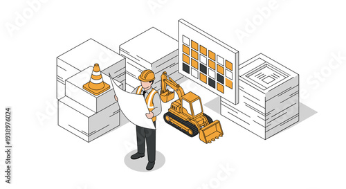 An isometric illustration shows a construction engineer with blueprints standing by an excavator and a project schedule on a white background.
