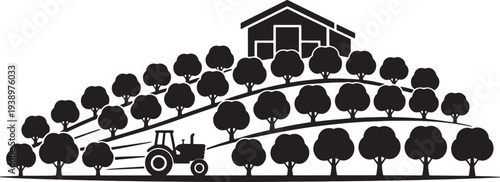 Farm landscape with barn, tractor, and orchard of trees, agricultural scene, rural harvest. vector illustration