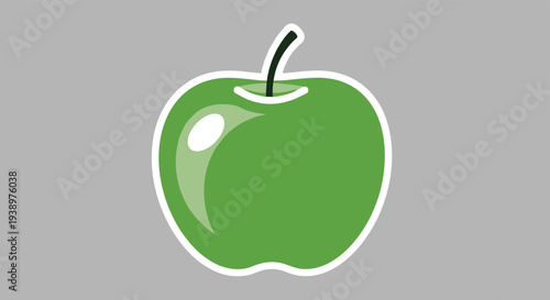 Vibrant green apple icon with a white outline and highlight is displayed on a solid grey background to represent healthy eating and fresh fruit.