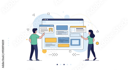 Two people interact with a large user interface layout on a screen to demonstrate web design, software development, and digital collaboration.