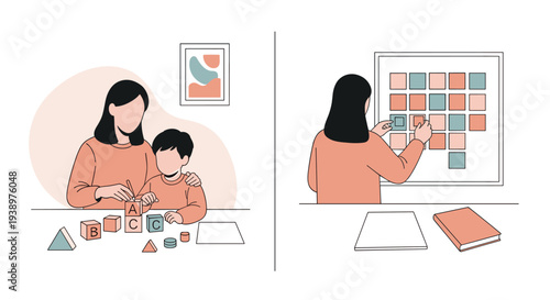 A diptych illustration shows a mother playing with her child using alphabet blocks and then organizing a colorful schedule on a wall.