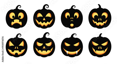 Collection of eight black pumpkin silhouettes features various spooky and funny carved faces for a festive Halloween holiday design theme.