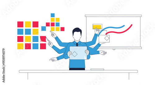 A multitasking businessman with six arms efficiently manages data on a tablet and analyzes charts on a whiteboard in a modern illustration.