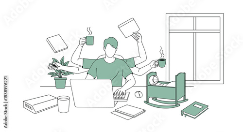 A multi-armed father works from home on his laptop while simultaneously caring for his baby, drinking coffee, and managing household tasks in a minimalist line art illustration.