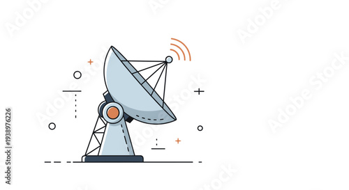Detailed satellite dish icon with signal waves is shown in a flat line art style with subtle color accents to represent telecommunications.