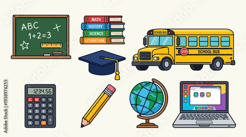 Education vector illustration set including blackboard, books, graduation cap, school bus, pencil, globe, calculator, and laptop in flat minimal academic learning design style