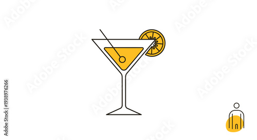 Minimalist cocktail glass icon features a yellow liquid and an orange slice garnish for a refreshing summer beverage or party theme.