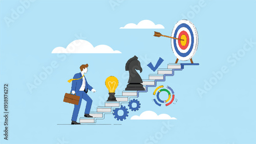 A businessman climbs stairs toward a target with chess and ideas