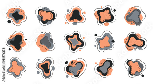 Grid of fifteen abstract fluid shapes uses a palette of grey, black, and coral to create a collection of modern organic decorative elements.