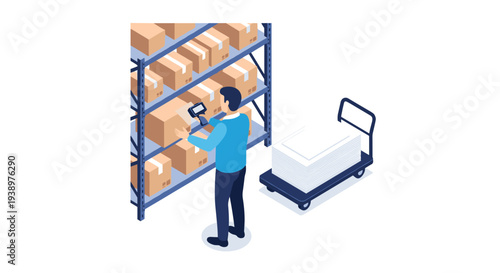 A warehouse employee uses a handheld scanner to check inventory on a box located on a tall shelving unit in an isometric vector illustration.