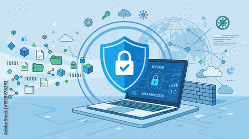 Secure laptop with shield icon protects data globally online
