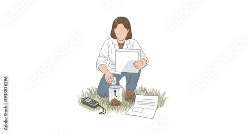 A female environmental scientist kneels in a grassy field to collect a soil sample for analysis, using a jar, a clipboard, and a digital meter.