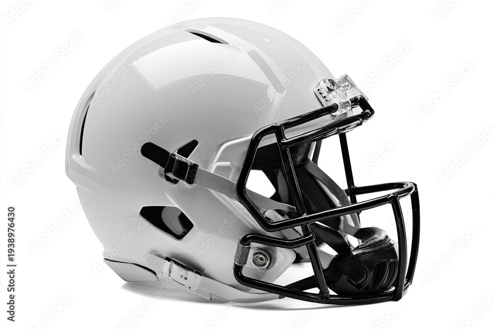 Fototapeta premium A clean, white football helmet with a black face mask, isolated