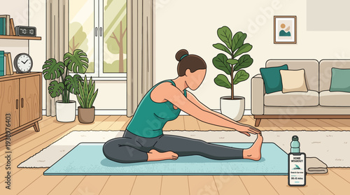 Woman stretching on yoga mat in living room with plants