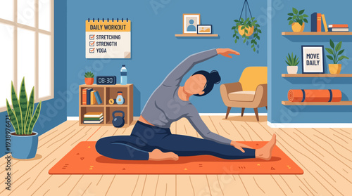 Woman stretching on yoga mat in modern home workout space