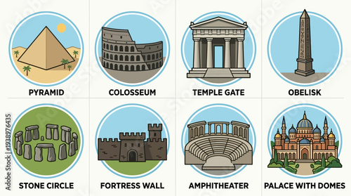 Ancient architecture vector illustration set including pyramid, Colosseum, temple gate, obelisk, stone circle, fortress wall, amphitheater, and palace in flat minimal historical design style