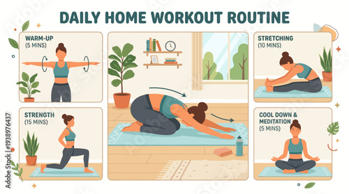 Woman doing daily home workout routine with stretching and meditation