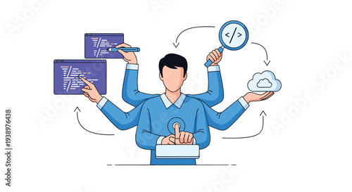 A multitasking developer with six arms expertly juggles coding, searching, and cloud computing tasks in a clean, minimalist vector illustration.