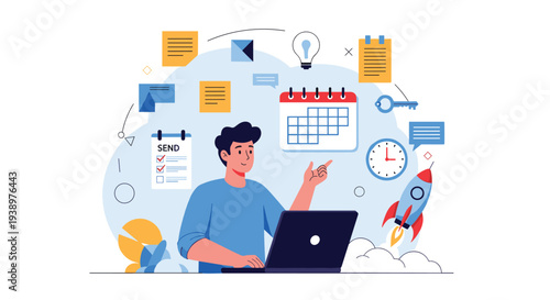 Productive young man working on his laptop surrounded by project management and scheduling icons for professional tasks.