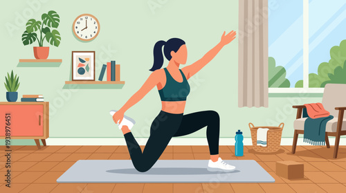 Woman stretching on yoga mat in modern home living room