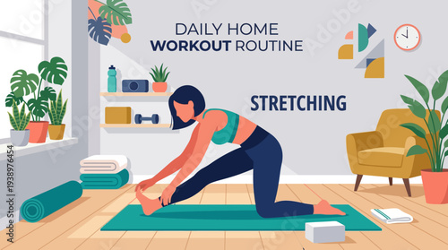 Woman stretching on yoga mat in home workout space with plants